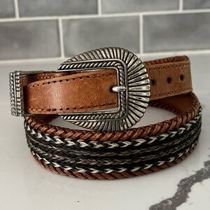 Genuine Leather Western Braided Woven Belt Silvertone Hardware Cowboy Rodeo